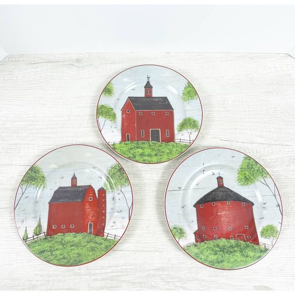 Warren Kimble Red BARNS 1998 Salad Dessert Plates 8" Set of 3 Vintage Sakura - Picture 1 of 7